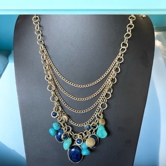 CHICO’S “Denise” Faux Turquoise and Cobalt Blue Multi Strand Dangle Necklace - Picture 1 of 4